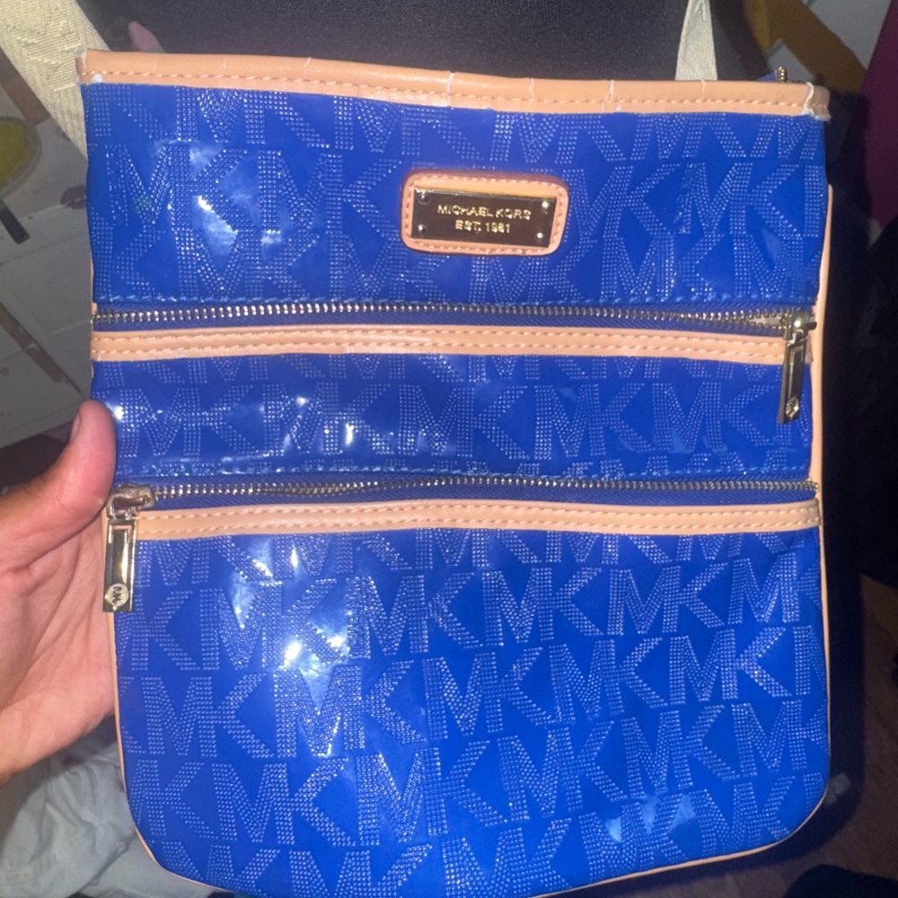 Michael Kors Glossy Blue and Tan Cosmetic Bag